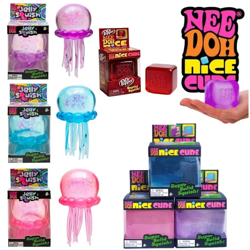 Nee Doh Jellyfish & Cube Squish Toy, Soft Jelly Squeeze Stress Relief Fidget Toy, Sensory Needoh for Kids & Adults