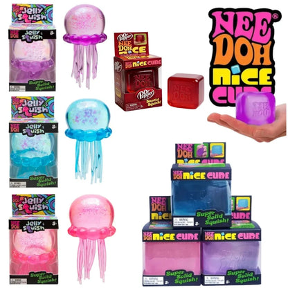 Nee Doh Jellyfish & Cube Squish Toy, Soft Jelly Squeeze Stress Relief Fidget Toy, Sensory Needoh for Kids & Adults