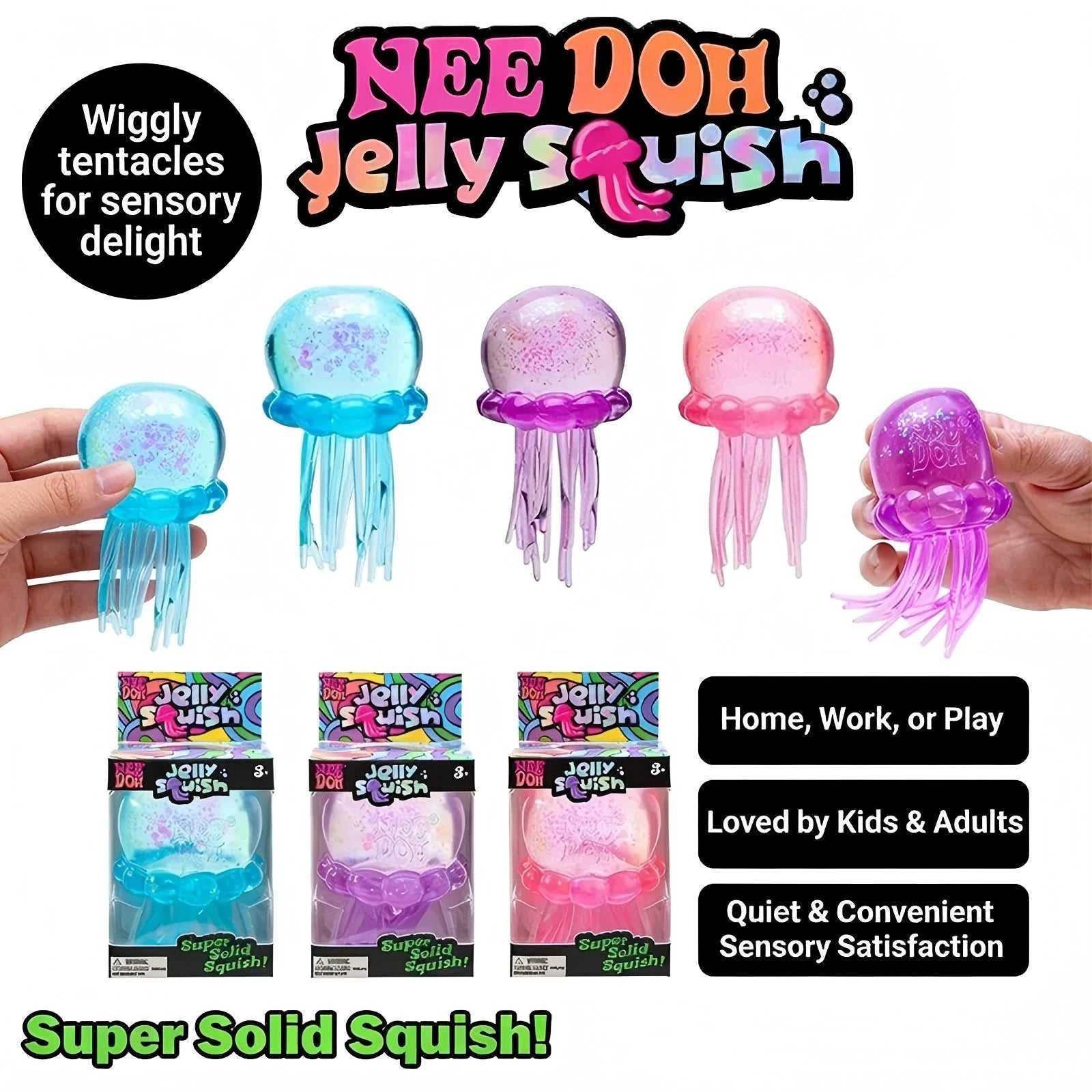 Nee Doh Jellyfish & Cube Squish Toy, Soft Jelly Squeeze Stress Relief Fidget Toy, Sensory Needoh for Kids & Adults