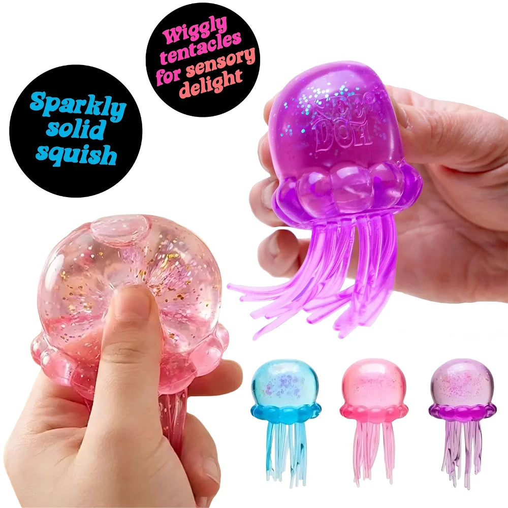 Nee Doh Jellyfish & Cube Squish Toy, Soft Jelly Squeeze Stress Relief Fidget Toy, Sensory Needoh for Kids & Adults