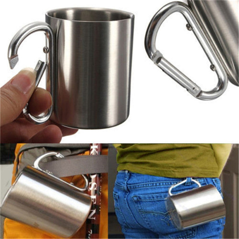 Portable Stainless Steel Cup for Camping Traveling Outdoor Cup with Handle Carabiner Climbing Backpacking Hiking Cups 200Ml