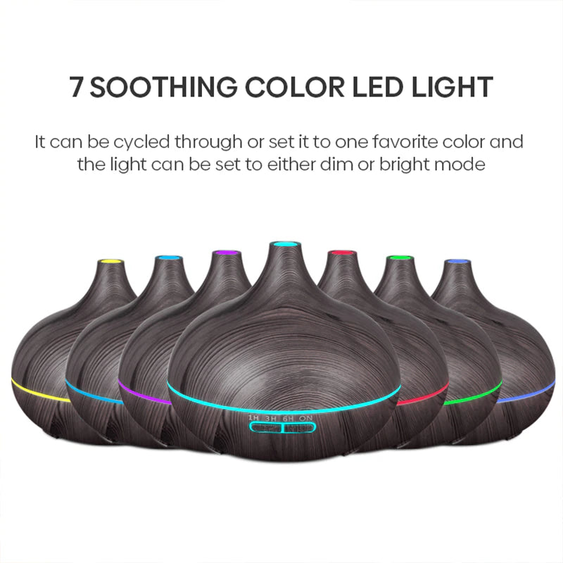 High Quality 500Ml Aromatherapy Essential Oil Diffuser Wood Grain Remote Control Ultrasonic Air Humidifier with 7 Colors Light