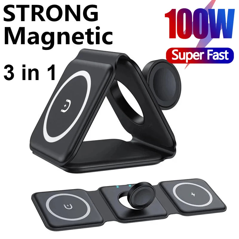 100W 3 in 1 Magnetic Wireless Charger Stand Foldable for Iphone 14 13 12 Pro Max 8 Airpods Iwatch 8 7 Fast Charging Dock Station